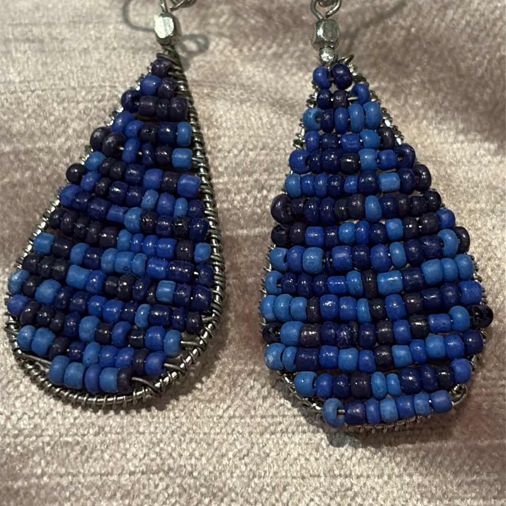 Royal Blue Teardrop Dangle Earrings 2” Beaded French Hook Earrings Boho - Picture 2 of 5